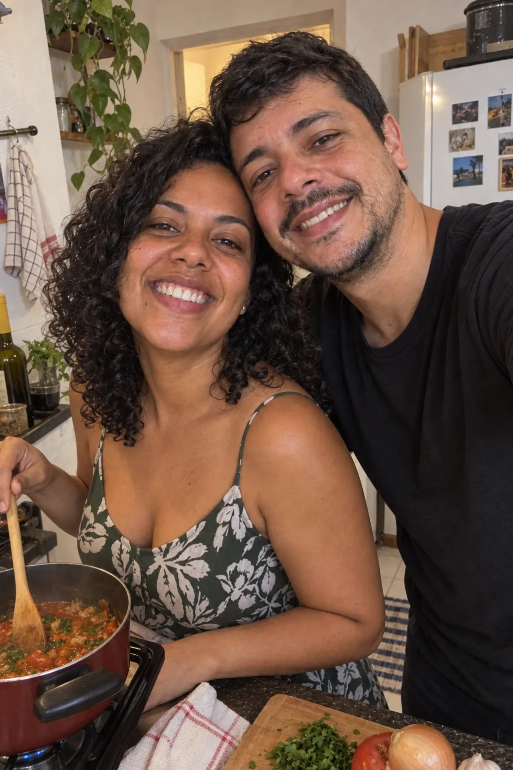 Casal fictício compartilhando um café em casa